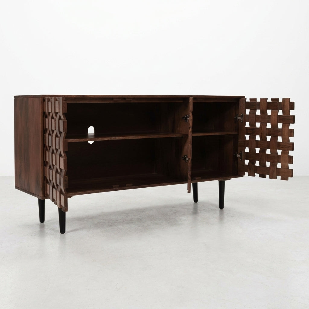 Wooden sideboard with open geometric-patterned doors.