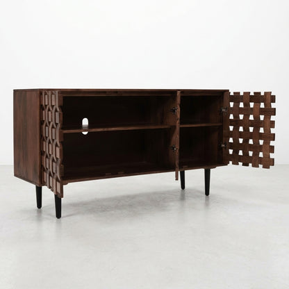 Wooden sideboard with open geometric-patterned doors.