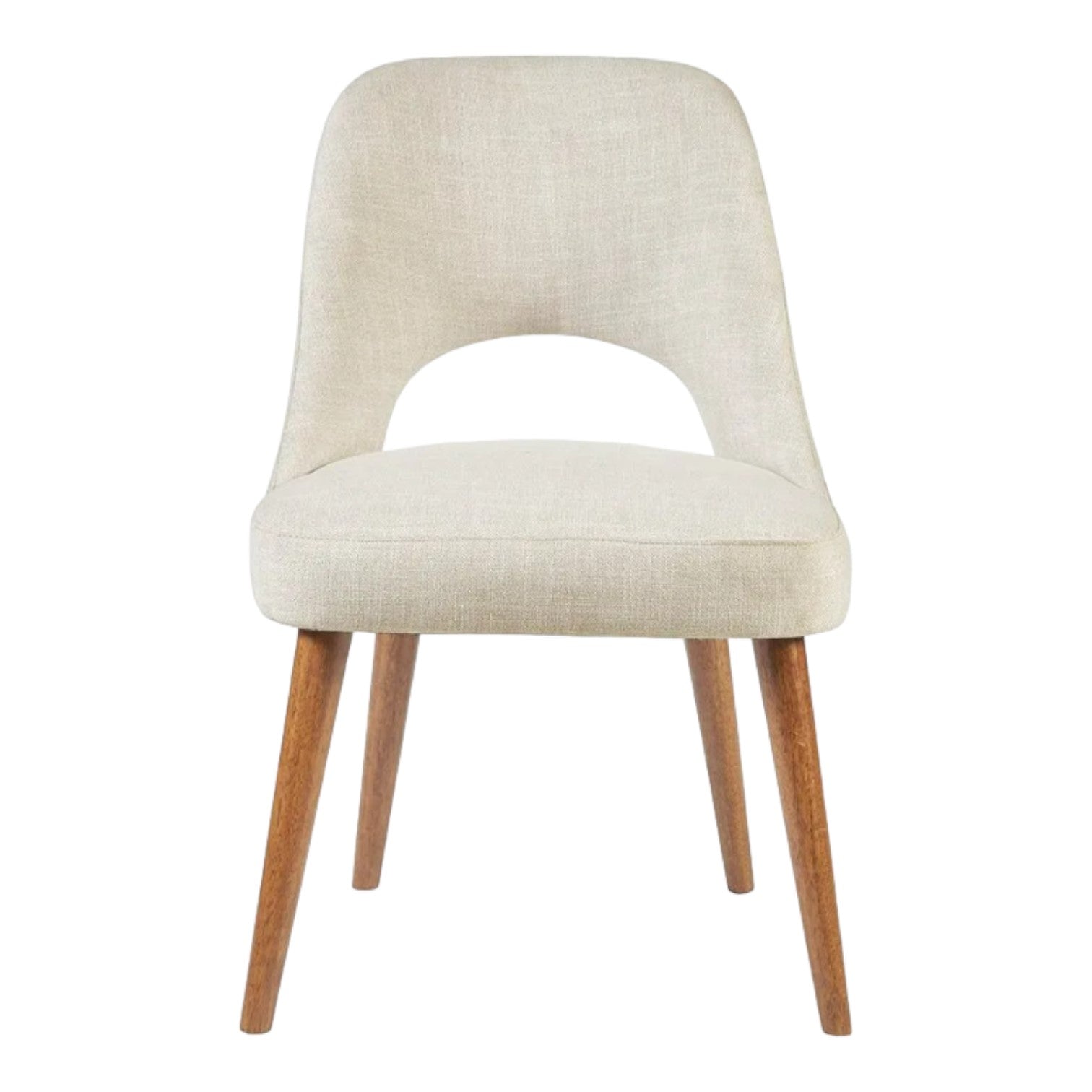 Modern beige chair with wooden legs and a curved backrest design.