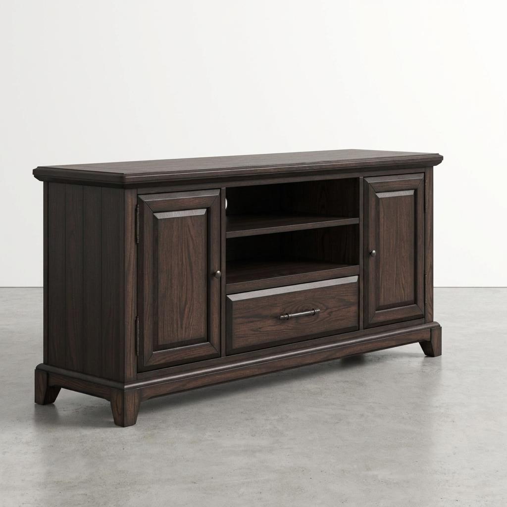Dark wooden TV stand with two doors and open shelves.