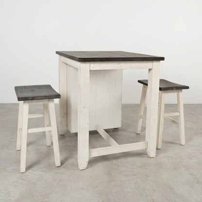Wooden table set with two stools, white base, dark tops.
