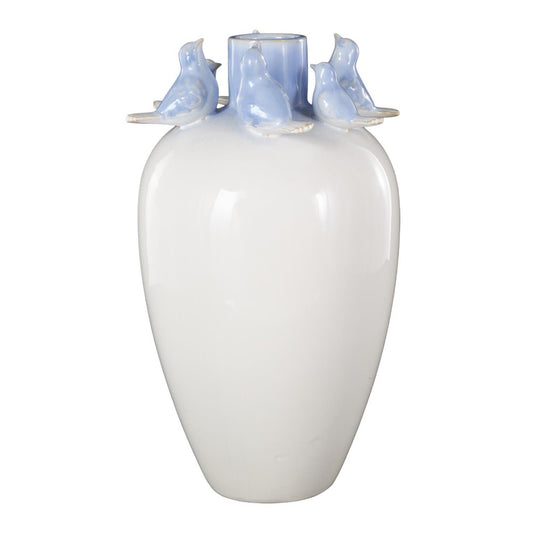 White vase with blue bird accents on the rim.