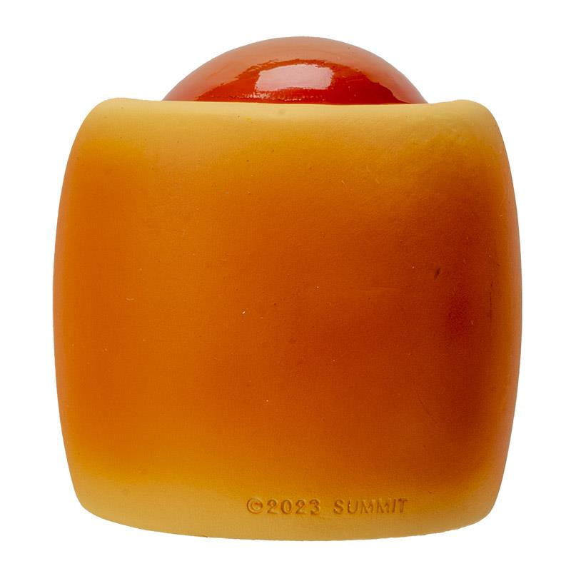Toy shaped like a hot dog with red sphere topping.