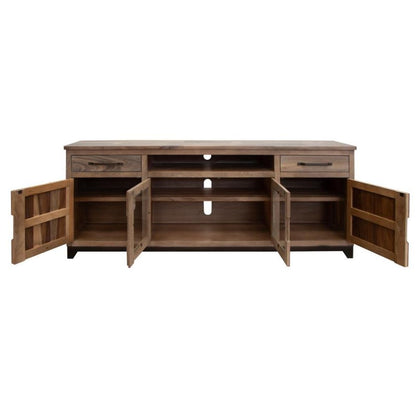 Wooden TV stand with open cabinets and drawers.