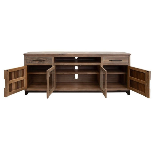 Wooden TV stand with open cabinets and drawers.
