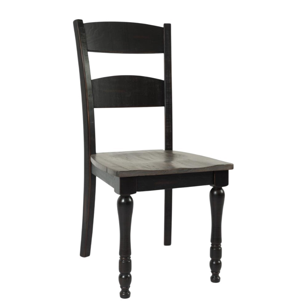 Dark wooden chair with an arched back and turned legs.