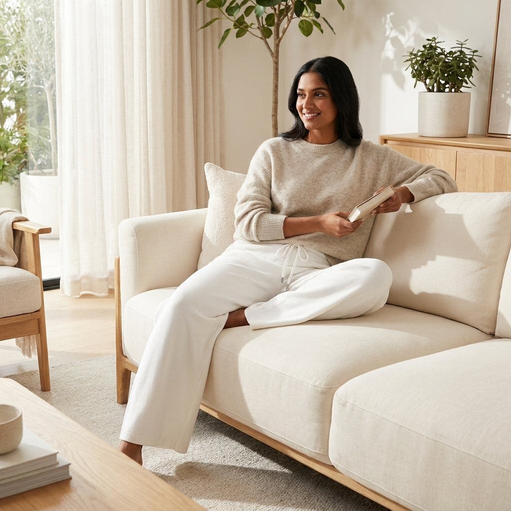 A woman relaxes on a sofa, holding a book in a cozy, light-filled room.