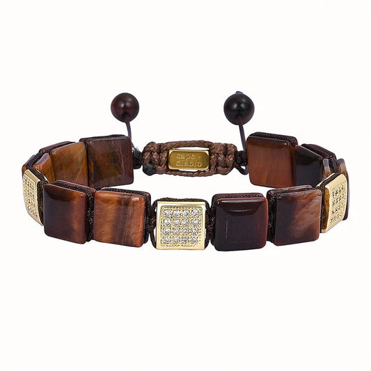 Square bead bracelet with gold accents and adjustable brown cord.