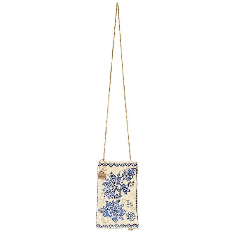 Floral-embroidered mini bag with a delicate chain strap.