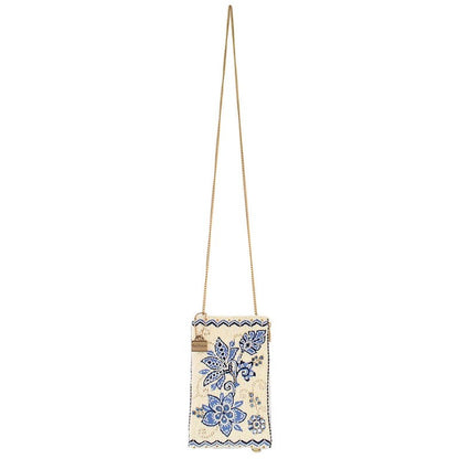 Floral-embroidered mini bag with a delicate chain strap.