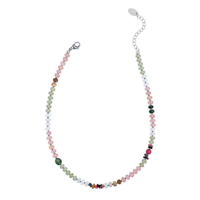 Colorful beaded necklace with a metal clasp and extender chain.