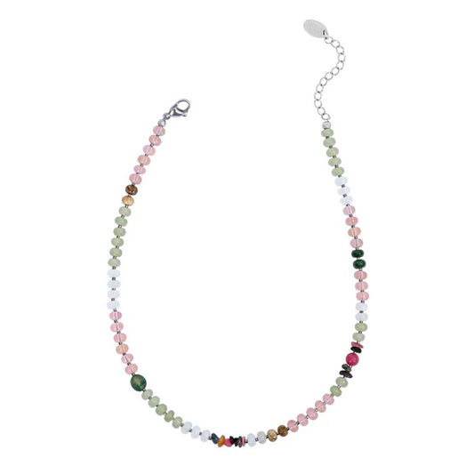 Colorful beaded necklace with a metal clasp and extender chain.