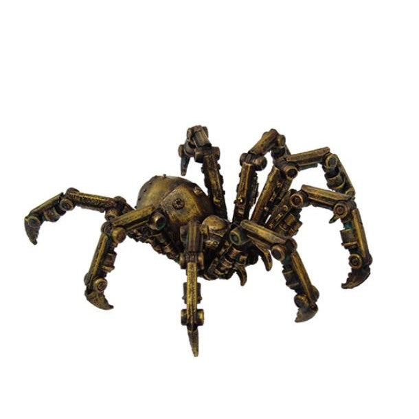 Mechanical spider with intricate, metallic limbs on a white background.