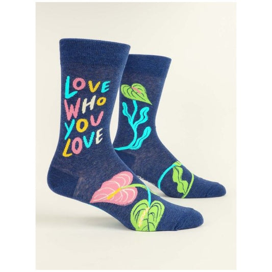 Colorful socks with "Love Who You Love" and plant designs.