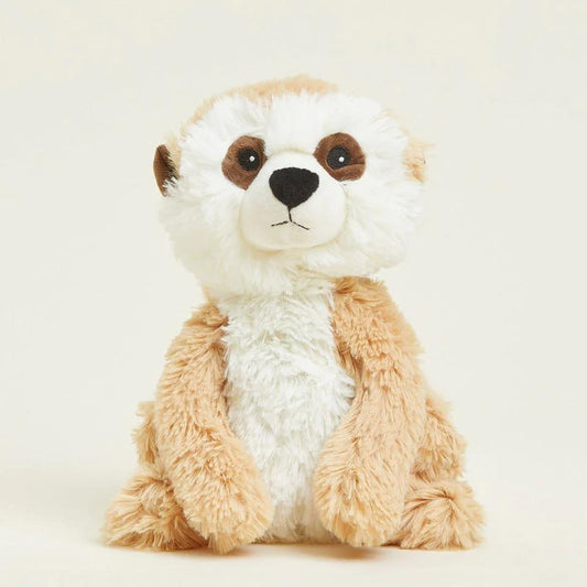 Fluffy brown and white meerkat plush toy.