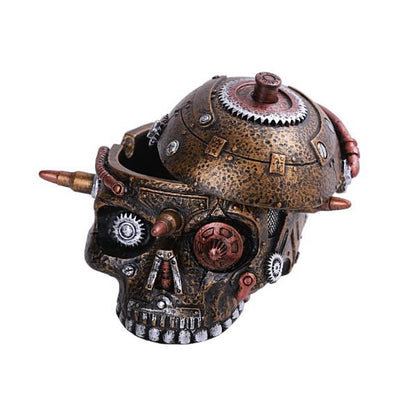Steampunk skull with gears and bronze accents, open top showing intricate design.