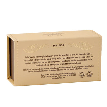Beige soap box with text and ingredient list on the side.