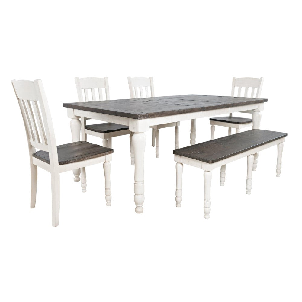 Rustic dining set with a bench and four chairs, white legs, and dark wood tabletop.