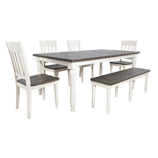 Rustic dining set with a bench and four chairs, white legs, and dark wood tabletop.