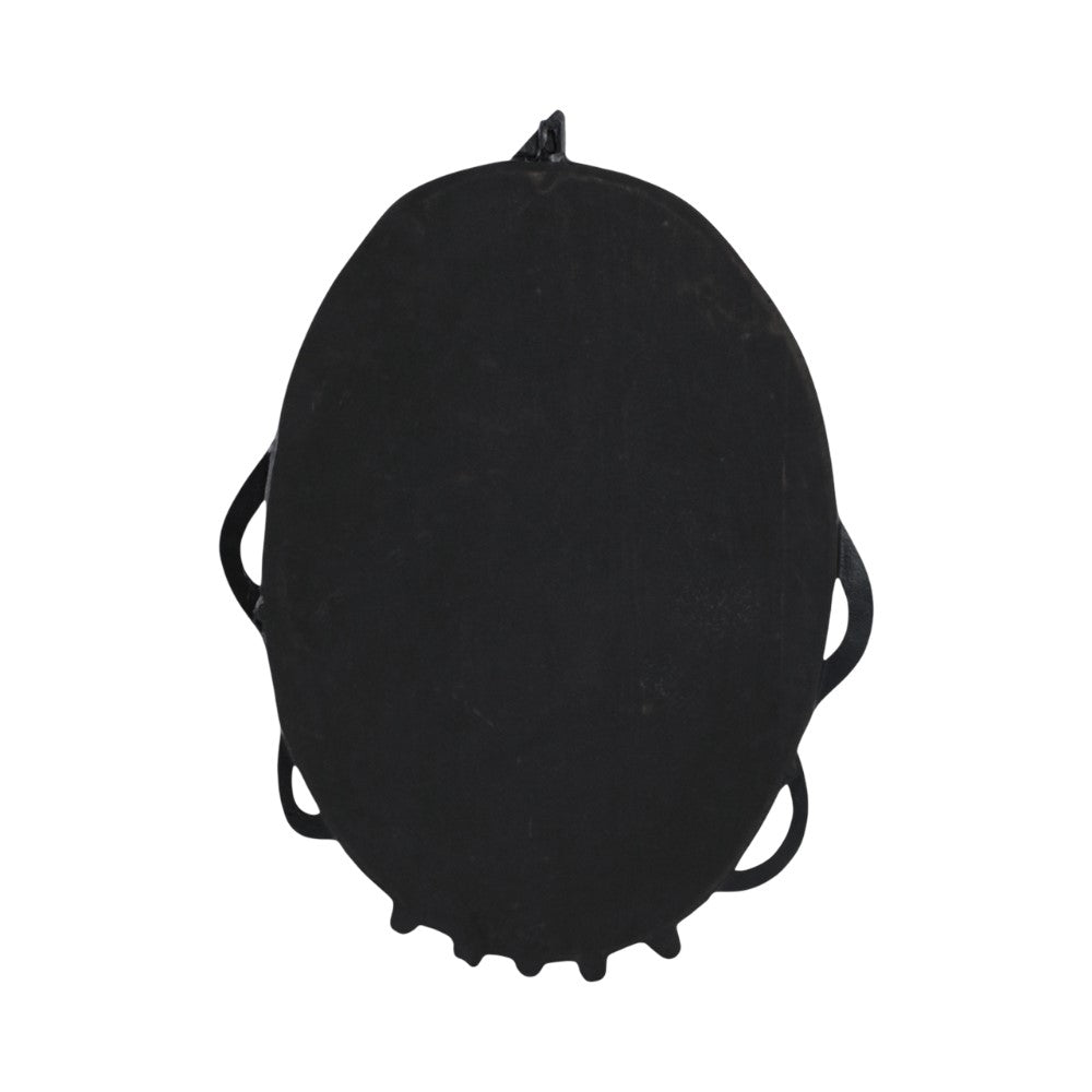 Black oval object with handles, isolated on white background.