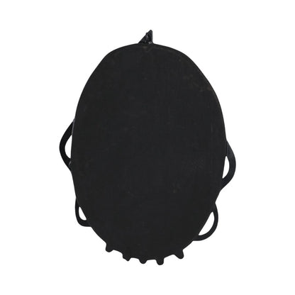 Black oval object with handles, isolated on white background.