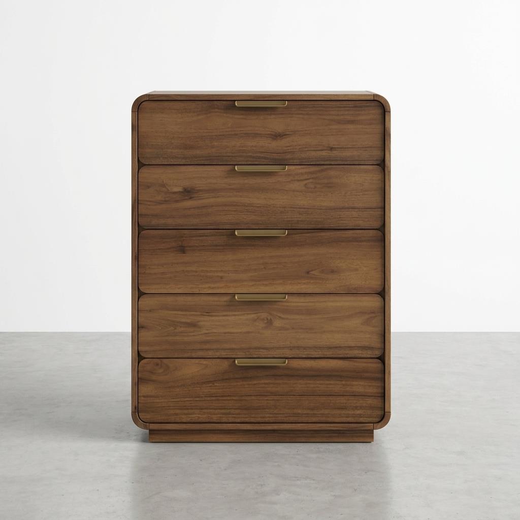 Wooden chest of drawers with sleek, rounded edges and gold handles.