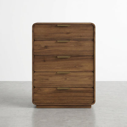 Wooden chest of drawers with sleek, rounded edges and gold handles.