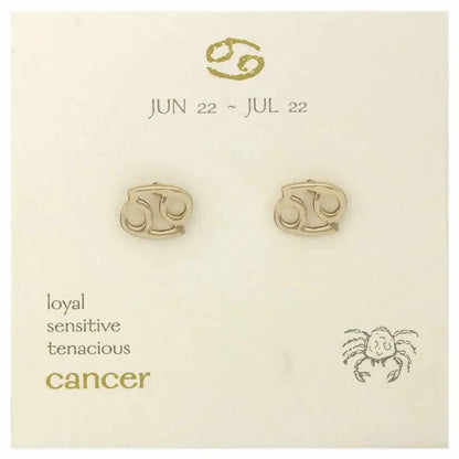 Cancer zodiac earrings, dates and traits with a crab illustration.