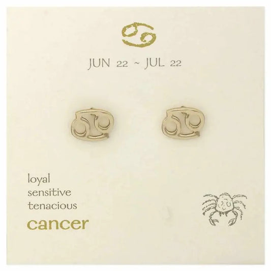 Cancer zodiac earrings, dates and traits with a crab illustration.