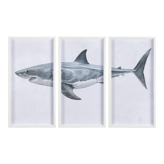 Shark triptych art on three panels with a minimalist design.