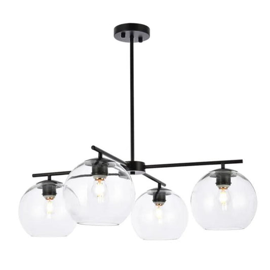 Modern chandelier with clear glass globes and black metal frame.