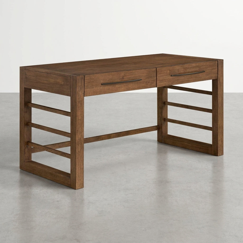 Wooden desk with two drawers and ladder-style sides.