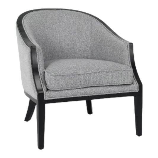 Gray upholstered armchair with dark wooden frame.