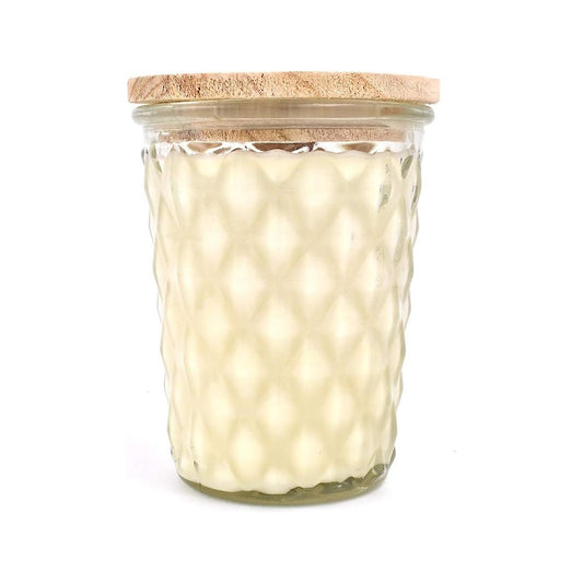 Textured glass candle with wooden lid.