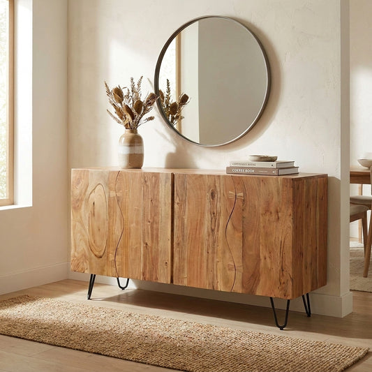 Wooden sideboard with metal legs and wavy grain pattern.