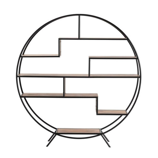 Round black metal shelf with staggered wooden platforms.