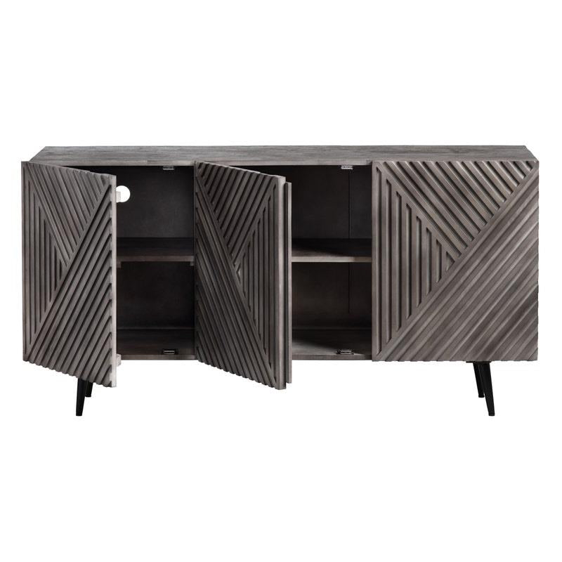 Gray wooden cabinet with open geometric-patterned doors and shelves.