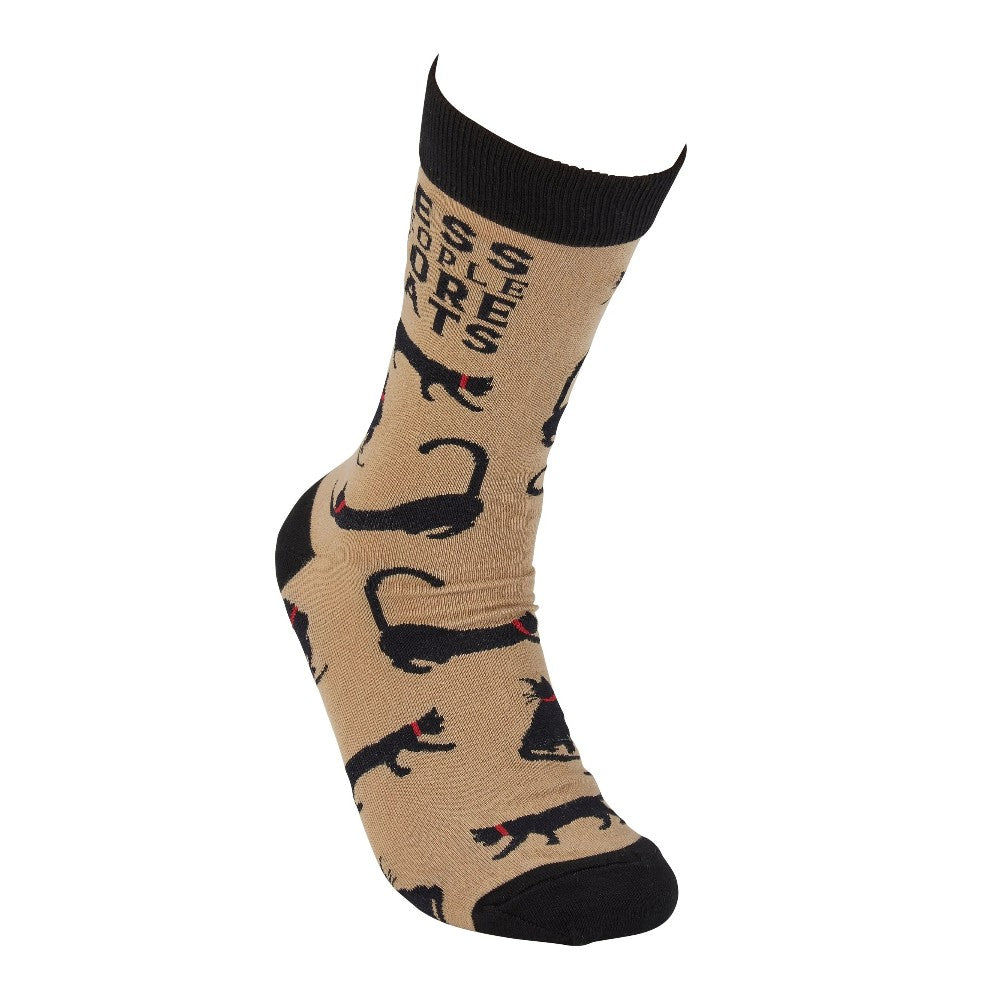 Beige sock with black cats and text design.