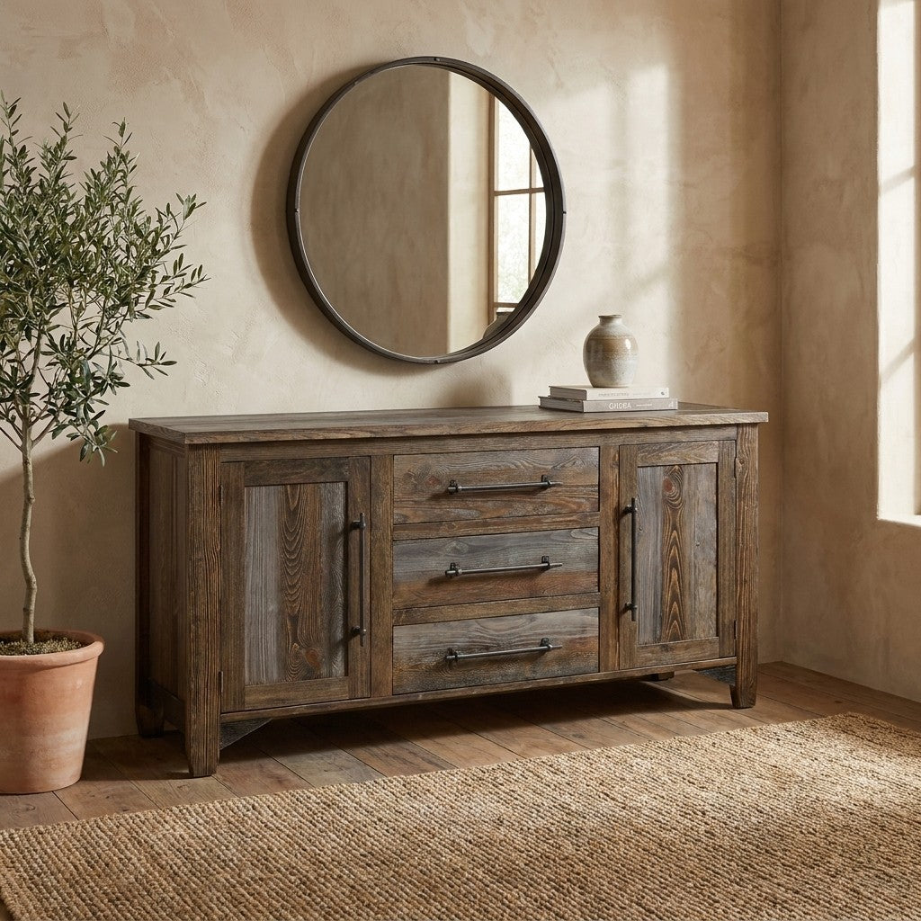 Rustic wooden dresser with round mirror and decorative vase.