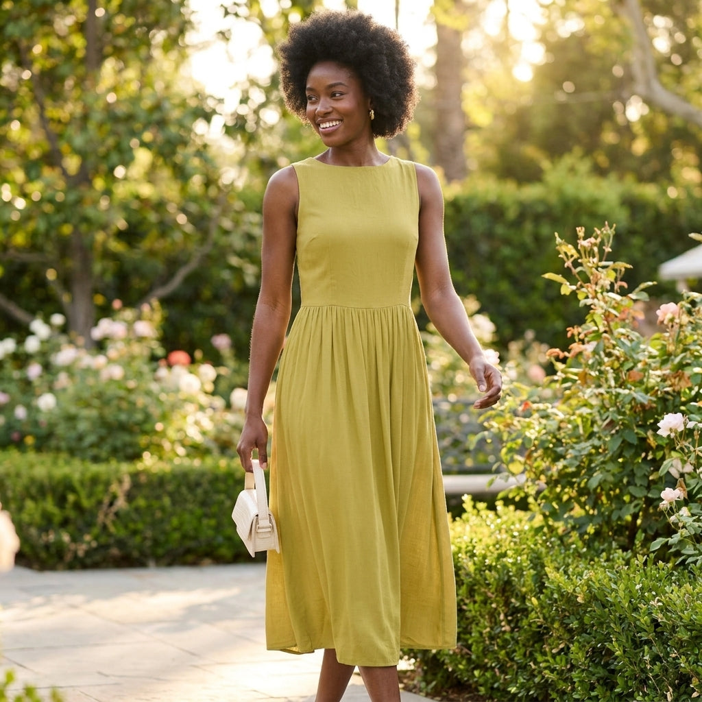 Woman in a green dress walking in a garden, sunlight filtering through trees.