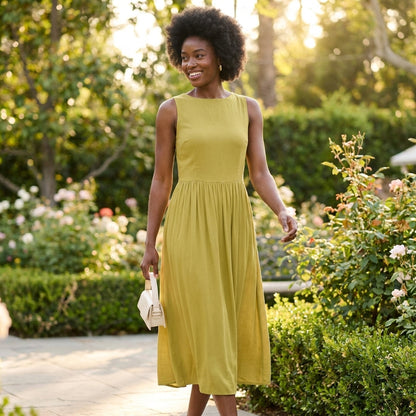 Woman in a green dress walking in a garden, sunlight filtering through trees.