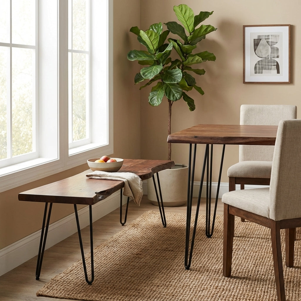 Wooden dining set with plants by a sunlit window.