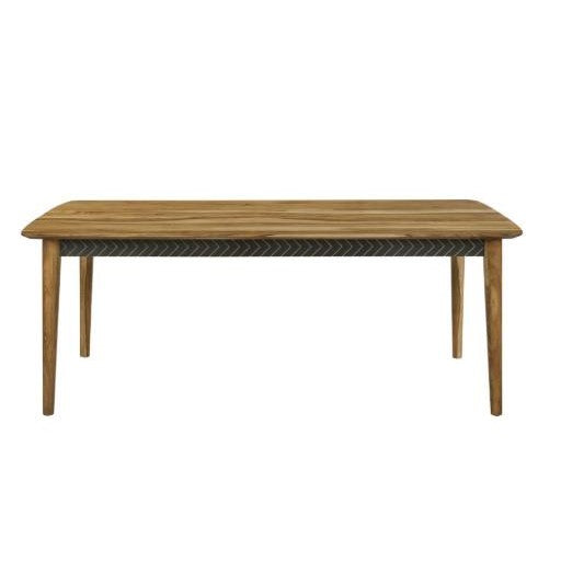 A simple wooden table with four slender legs on a white background.