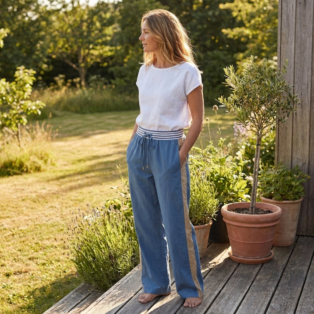A woman stands on a porch, enjoying a sunny day in a garden.