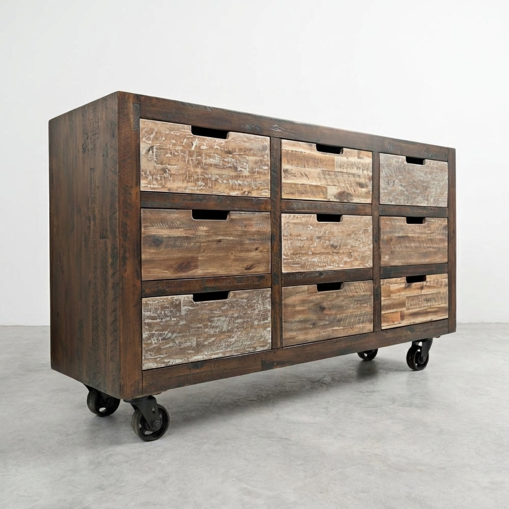 Rustic wooden dresser on wheels with six drawers.