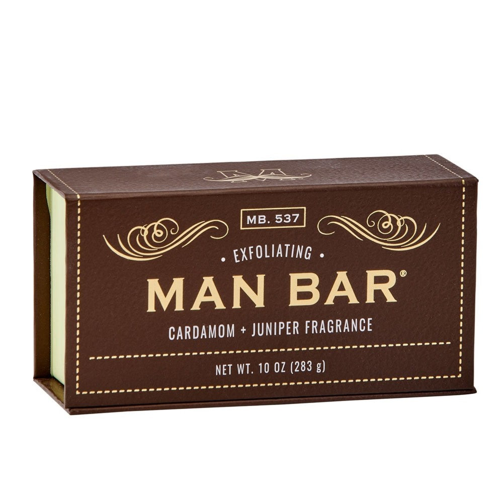 Brown box with "Man Bar" soap, cardamom and juniper fragrance.