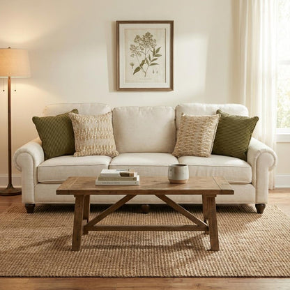 Cozy living room with beige sofa, wooden table, and patterned cushions.
