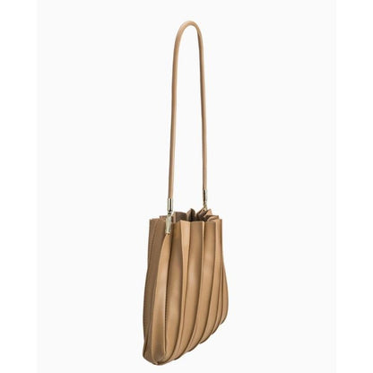Tan pleated handbag with a long strap and sleek design.