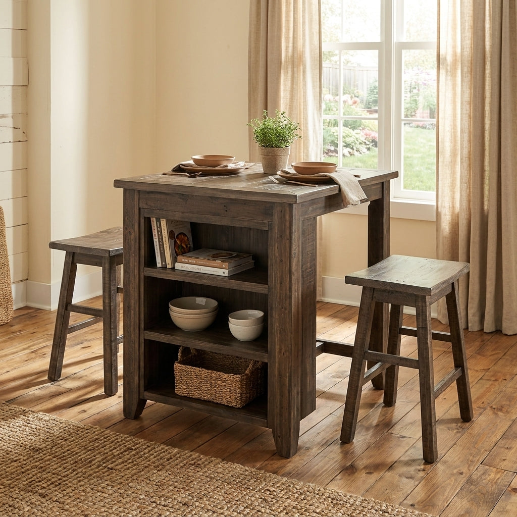 Wooden bar set with two stools, featuring shelves.