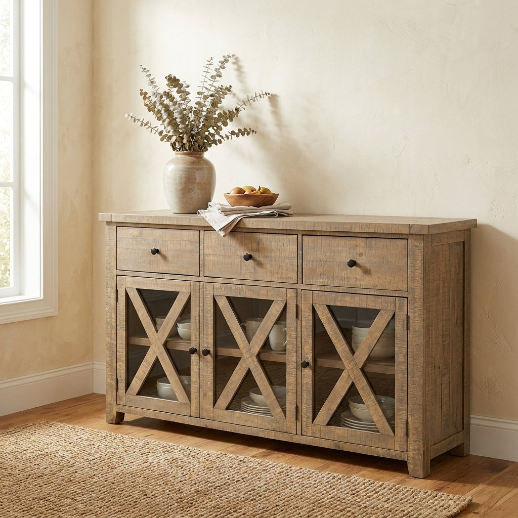 Rustic wooden sideboard with three drawers and cross-patterned cabinet doors.